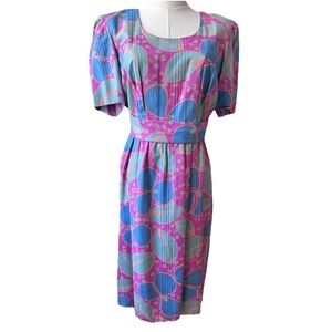 Vintage 80s Pink Teal Geometric Dress Belted Midi Retro Statement Sz 12 Posh